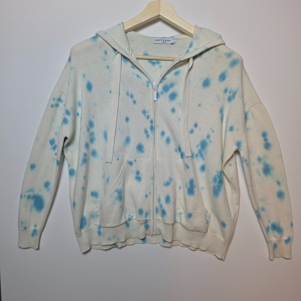 Scott & Scott London Tie Dye Splatter Knit Zip Up Hoodie White Blue Size Small
